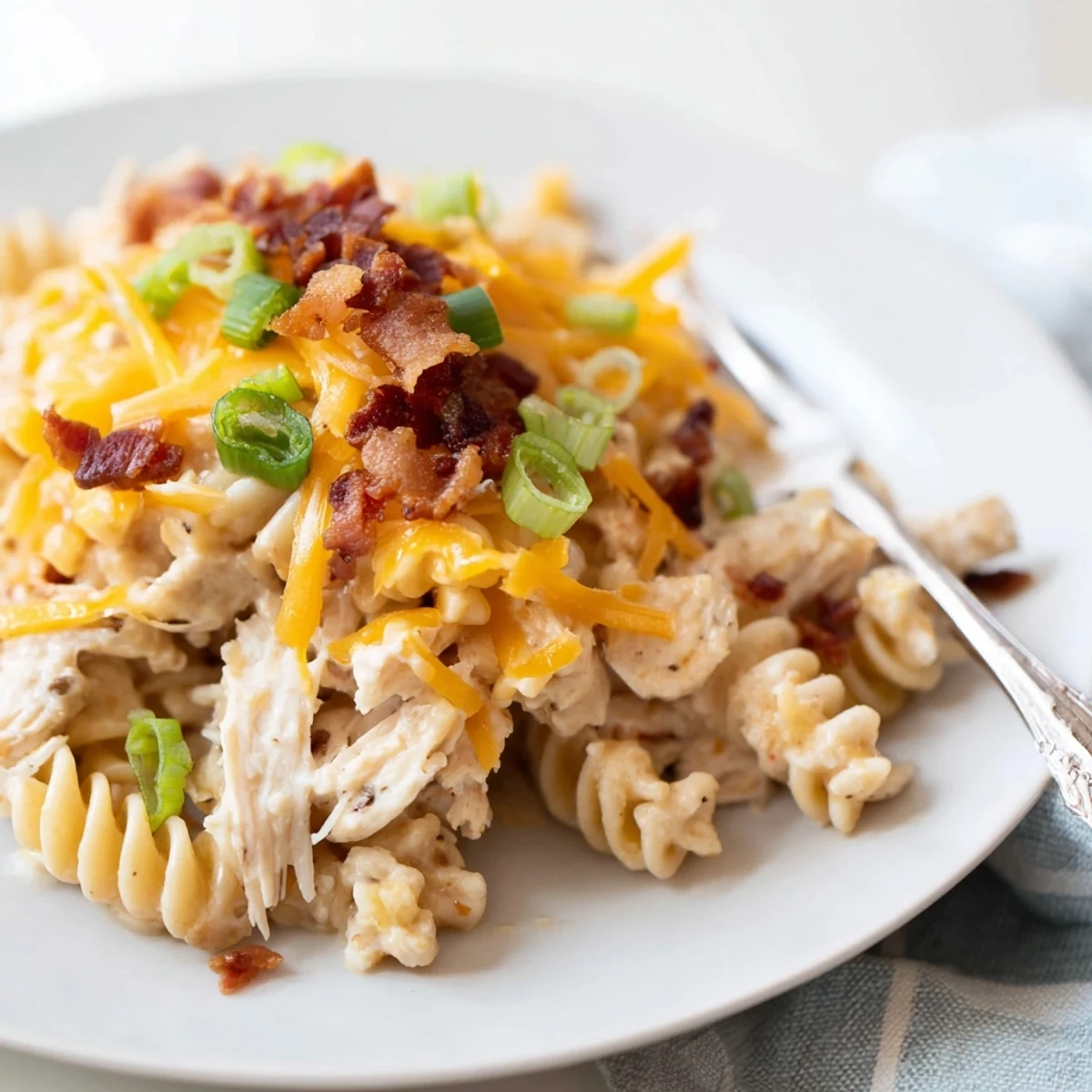 Golden bacon and cheddar garnish over bubbling crack chicken casserole made in a Crock Pot