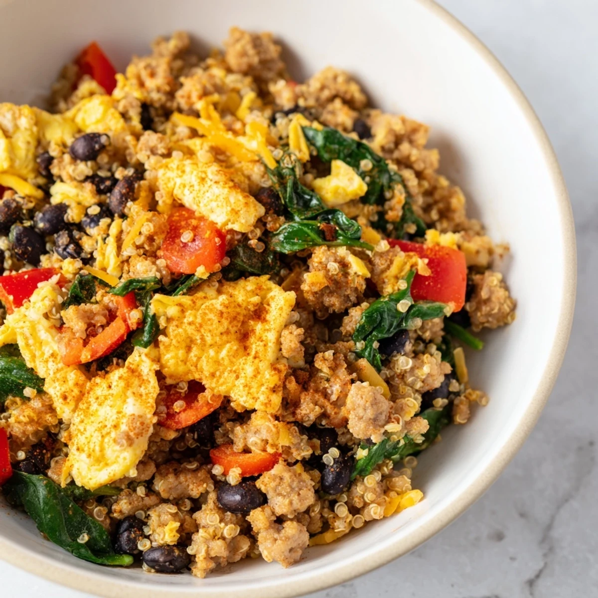 Colorful meal prep containers filled with high protein freezer friendly breakfast bowls featuring fluffy scrambled eggs, quinoa, turkey sausage, bell peppers and black beans arranged in sections.