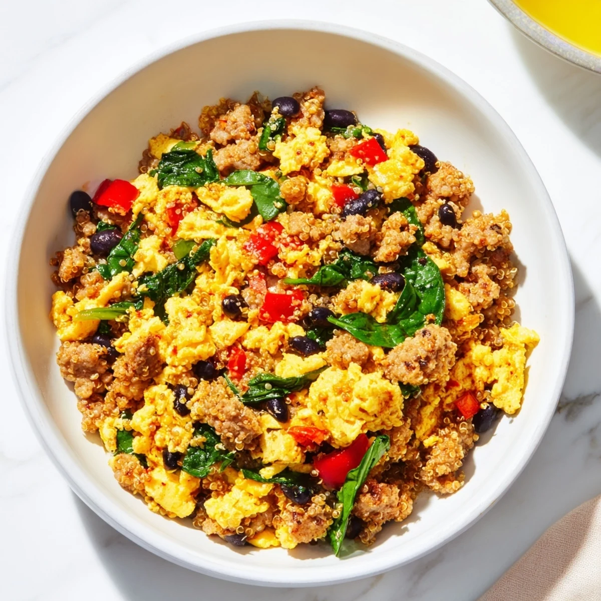 Steamy bowl of high protein freezer friendly breakfast bowls topped with melted cheddar cheese, fresh avocado slices and vibrant salsa on a wooden table.