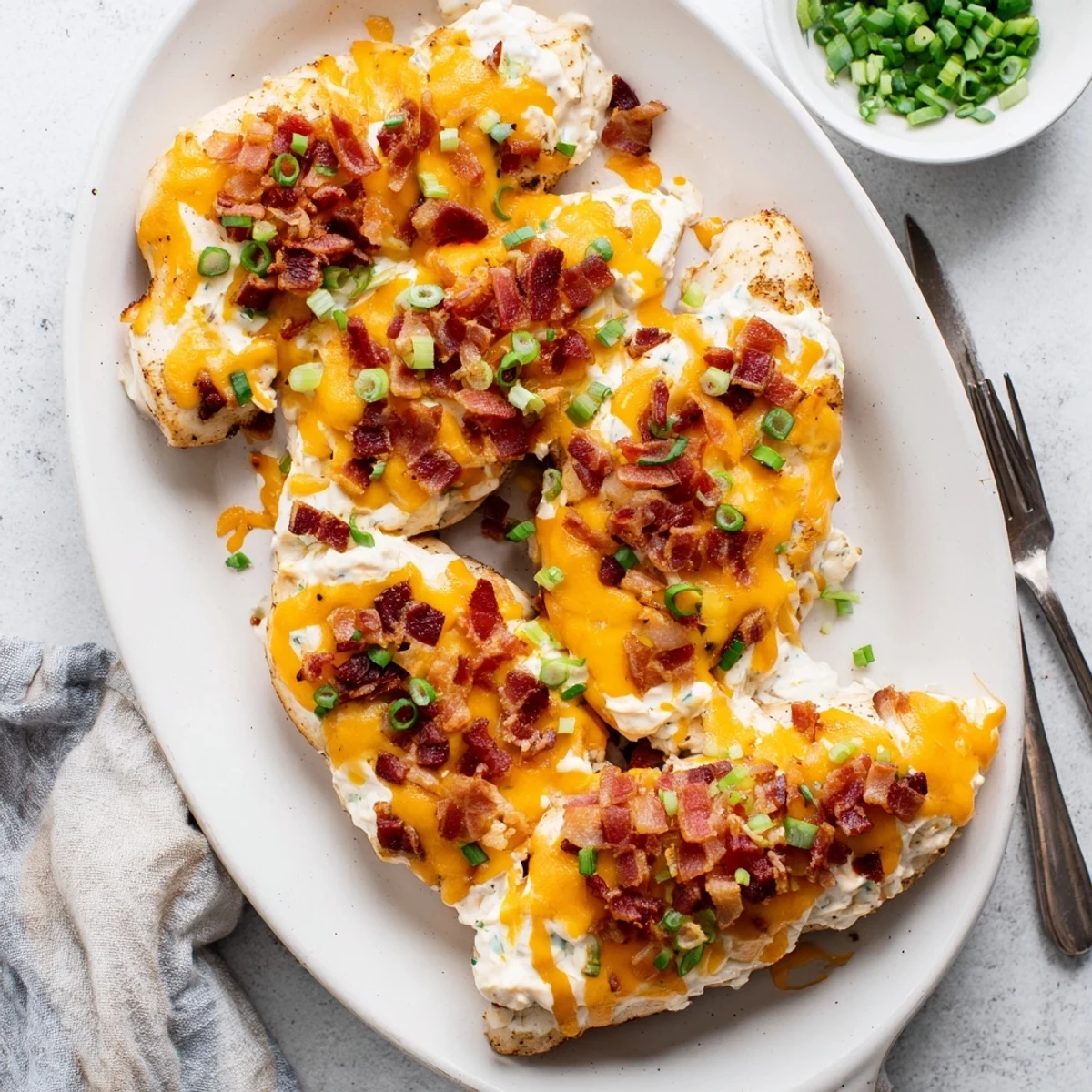 Creamy crack chicken topped with melted cheddar and crispy bacon in a baking dish