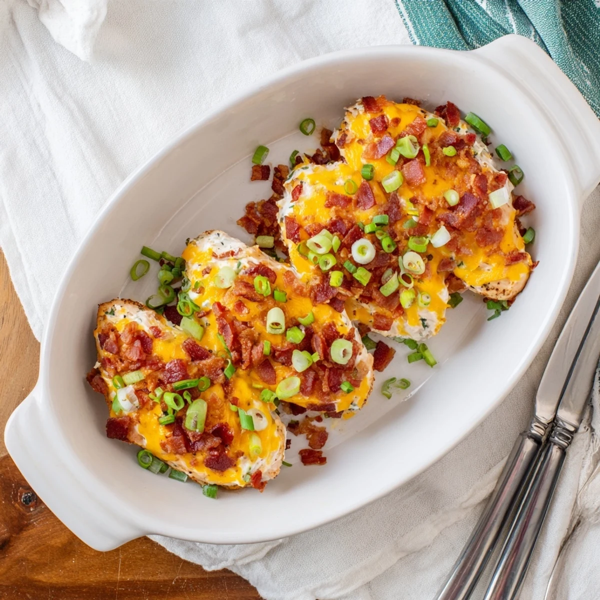 Golden baked crack chicken breasts smothered in ranch cream cheese and savory bacon crumbles