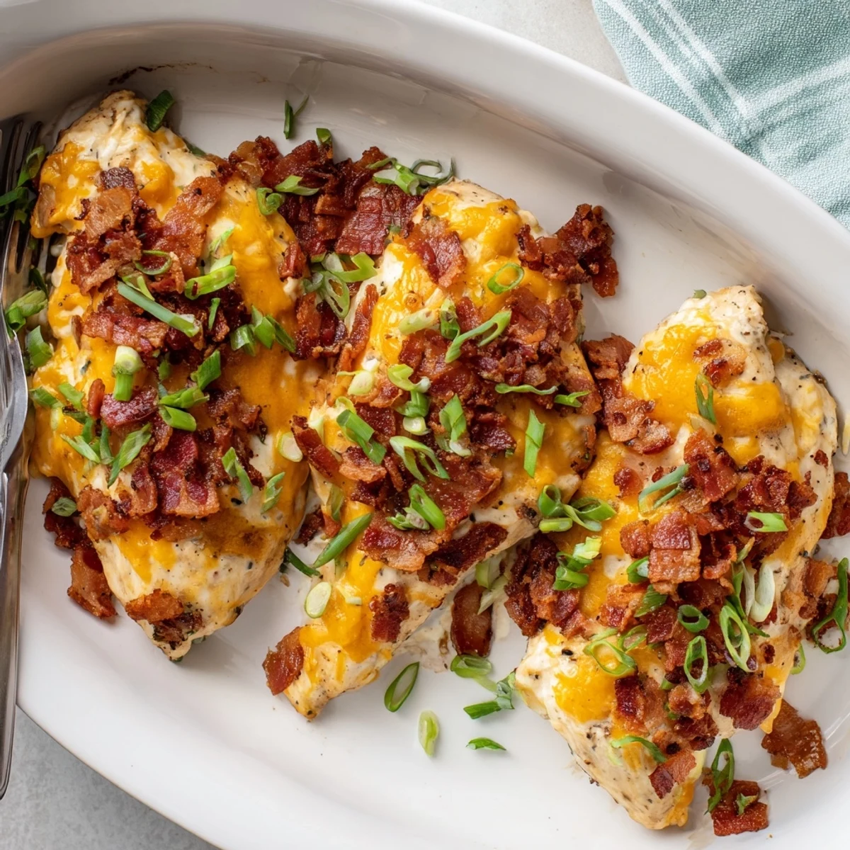 Steaming hot crack chicken casserole with bubbling cheese garnished with fresh green onion slices