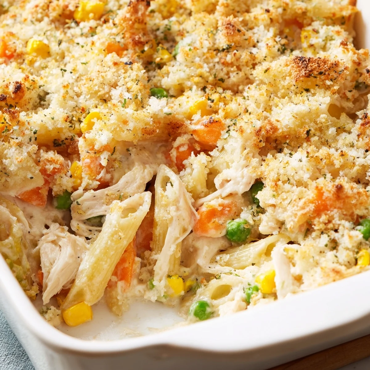Golden chicken pot pie pasta casserole with crispy Parmesan panko topping bubbling in baking dish