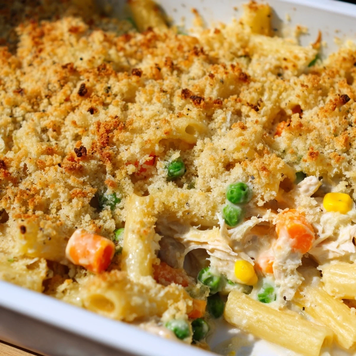 Hearty chicken pot pie pasta bowl loaded with shredded chicken peas and golden breadcrumb crust