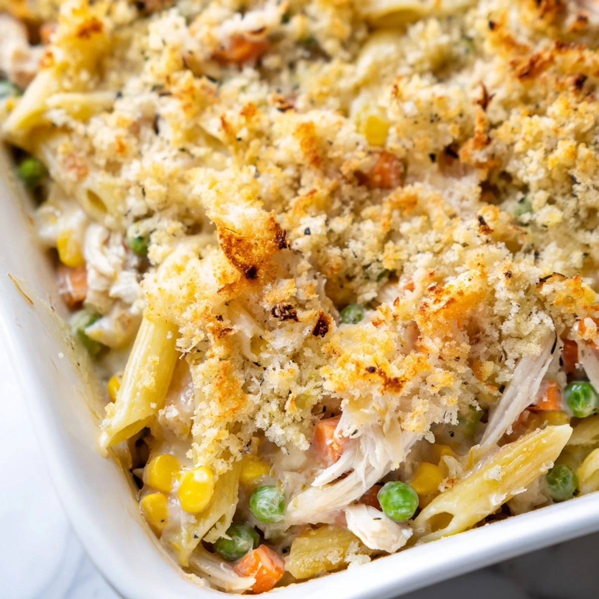 Creamy chicken pot pie pasta with tender vegetables and melted cheese served family style