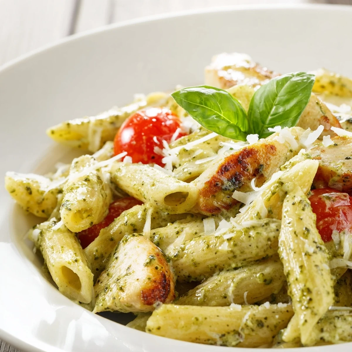 Steaming bowl of creamy pesto chicken pasta topped with fresh parmesan and basil leaves