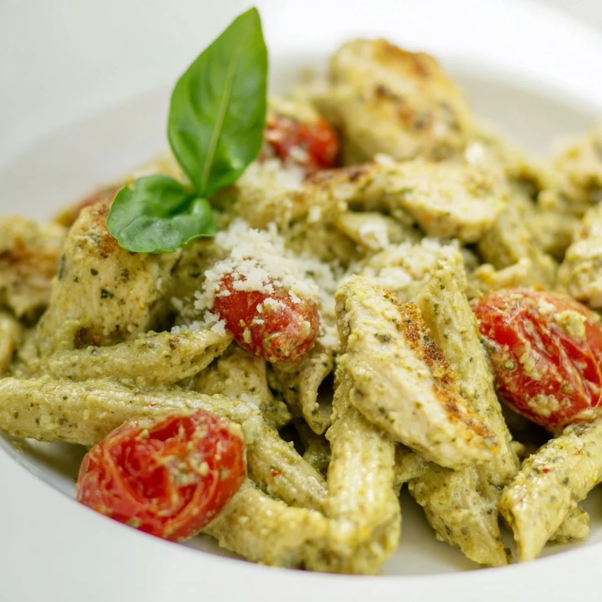 Creamy pesto chicken pasta featuring tender meat pieces coated in rich green basil sauce