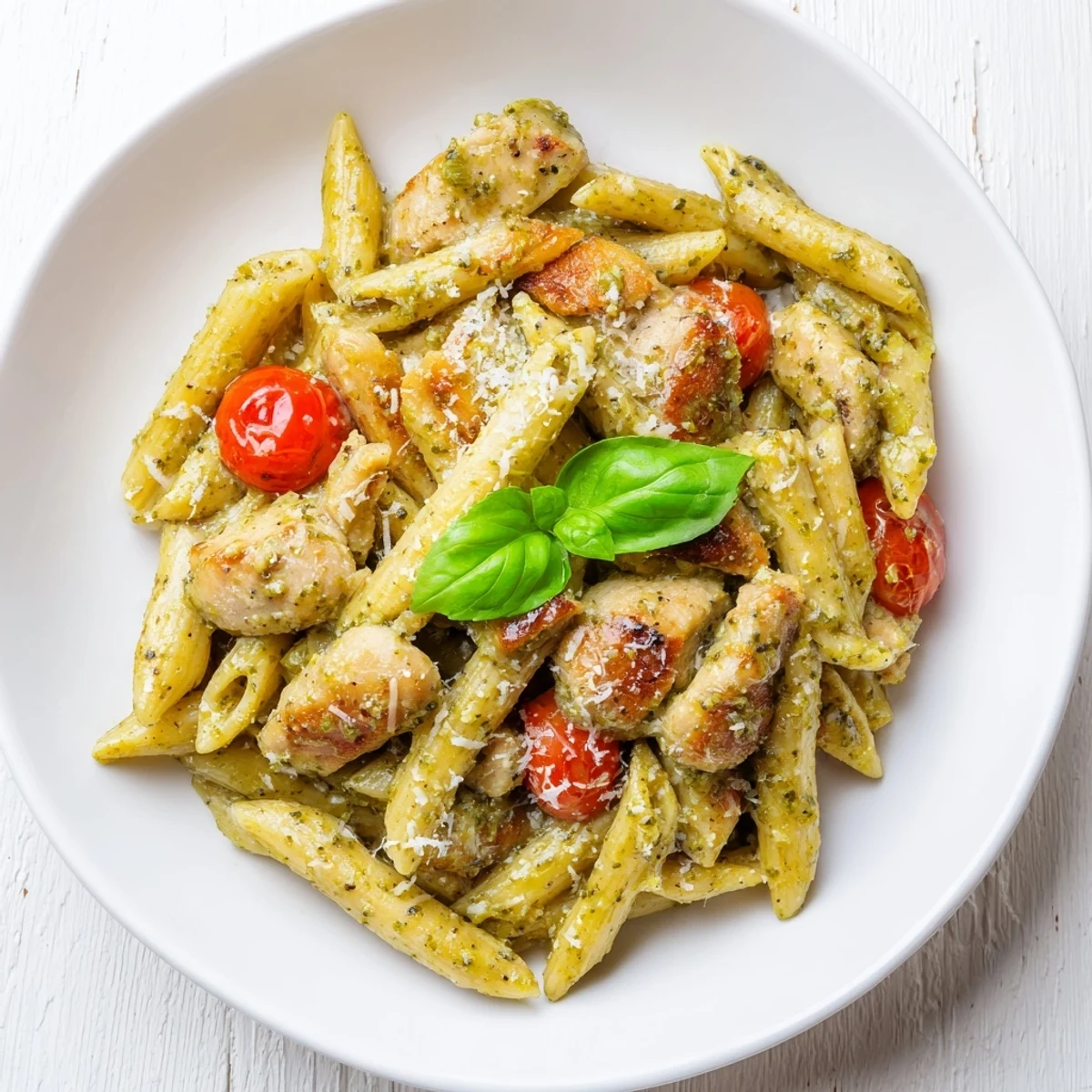 Twirled forkful of creamy pesto chicken pasta showcasing the velvety green sauce and golden chicken