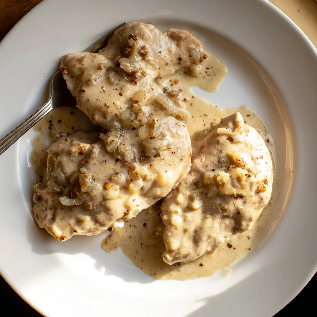 Tender slow-cooked chicken thighs draped in velvety smooth cream gravy over mashed potatoes