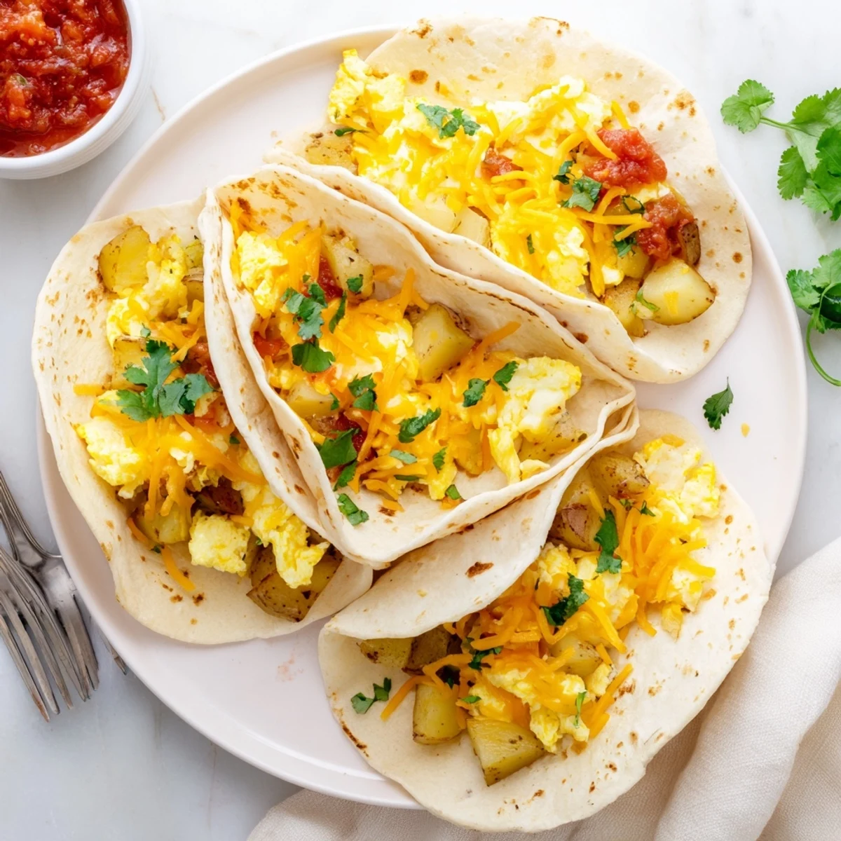 Golden potato egg cheese breakfast tacos loaded with fluffy eggs and melted cheddar in warm tortillas
