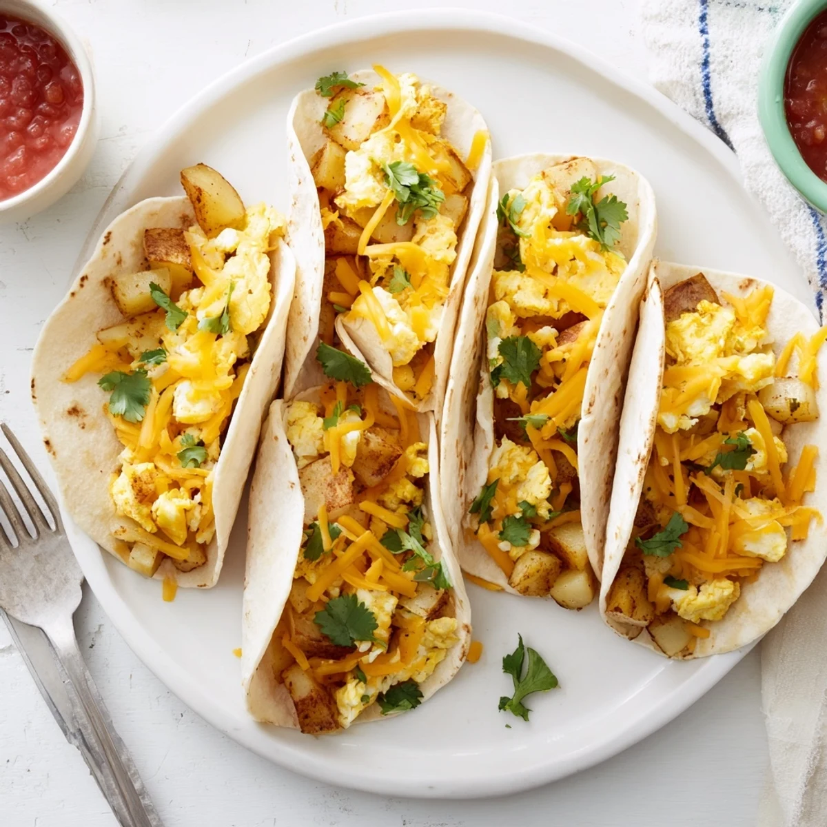 Hearty potato egg cheese breakfast tacos topped with fresh cilantro and served with vibrant red salsa