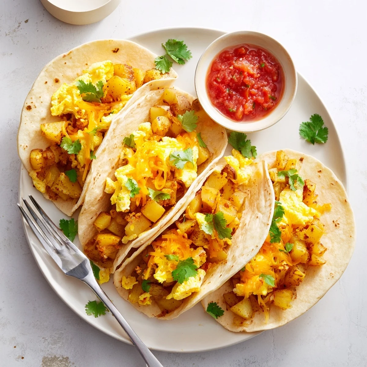 Crispy potatoes and scrambled eggs folded into potato egg cheese breakfast tacos with gooey melted cheese