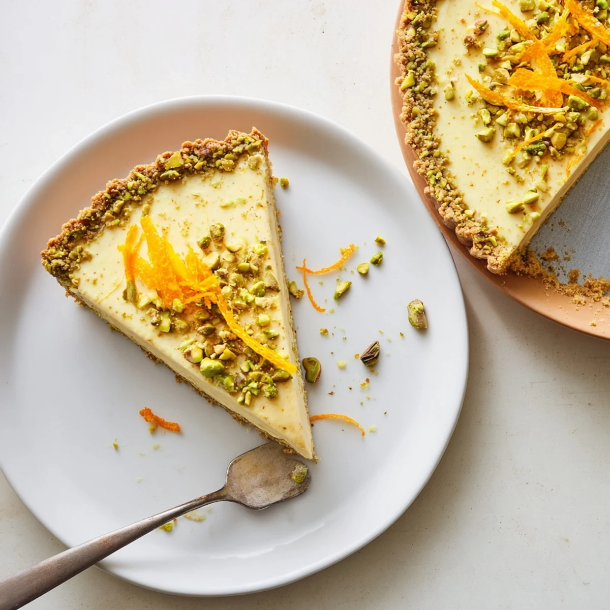 Elegant orange cardamom tart slice revealing smooth cardamom-spiced custard nestled inside a crunchy green pistachio crust