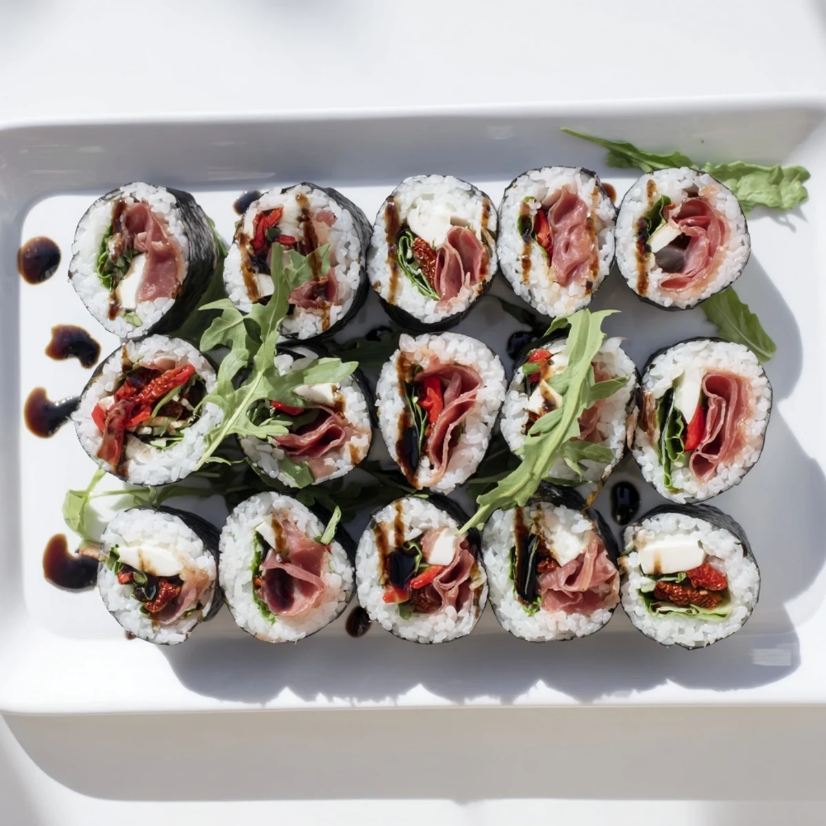 Colorful Italian sushi rolls arranged on a white platter with fresh basil garnish