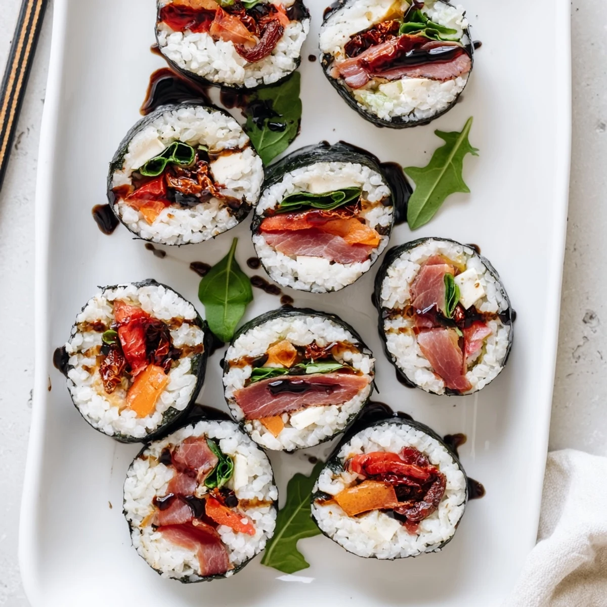 Close-up of fusion sushi featuring prosciutto, mozzarella, and roasted red peppers