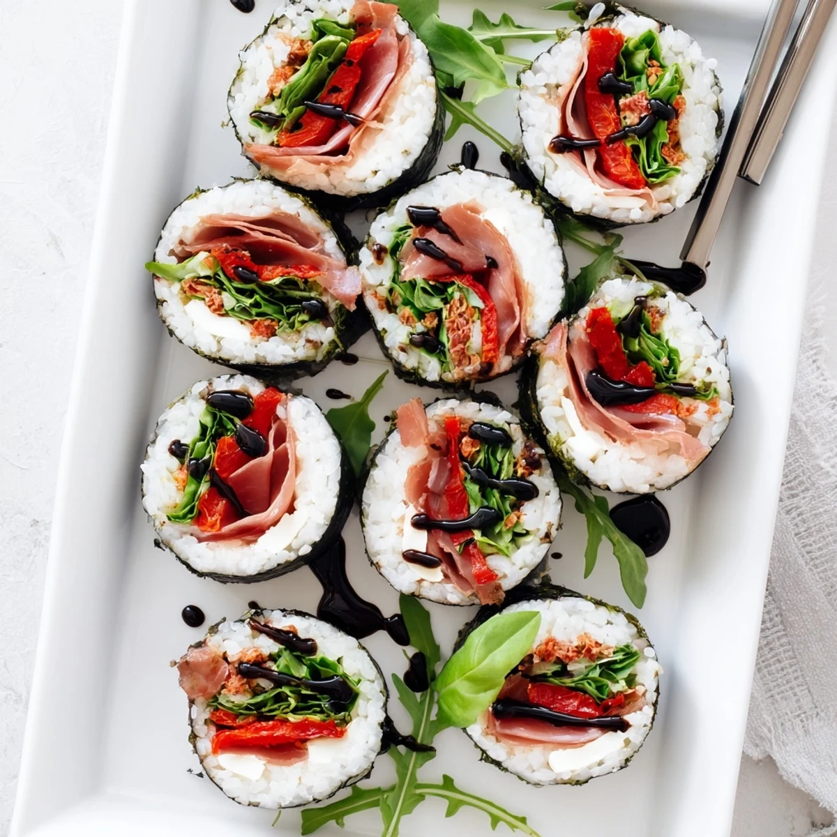 Fusion appetizer of Italian ingredients rolled in nori with balsamic glaze