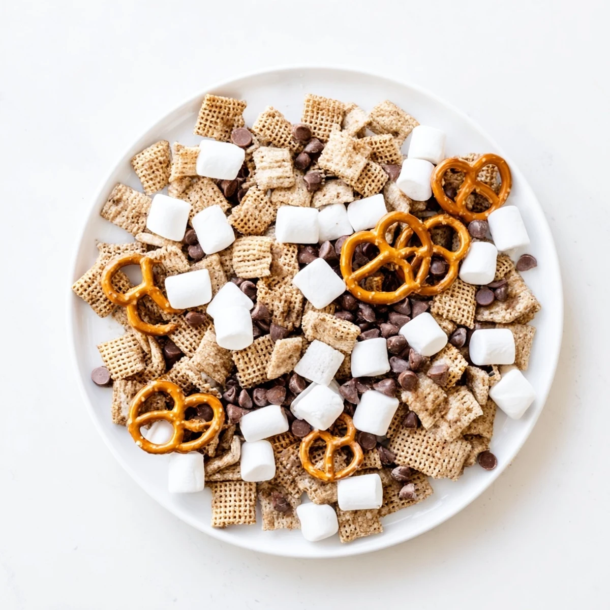 Golden brown s'mores snack mix piled in a glass bowl with melted chocolate chips and fluffy mini marshmallows