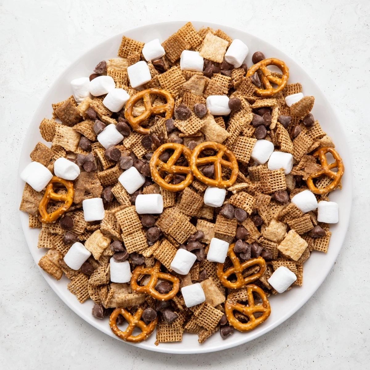 Crunchy graham cereal mixed with pretzels and chocolate chunks in this easy s'mores snack mix recipe