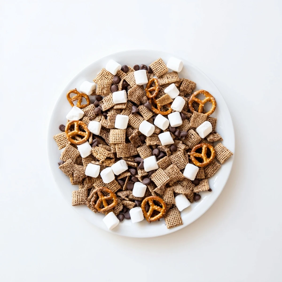 Sweet and salty s'mores snack mix featuring graham crackers, marshmallows, and milk chocolate on a rustic wooden board