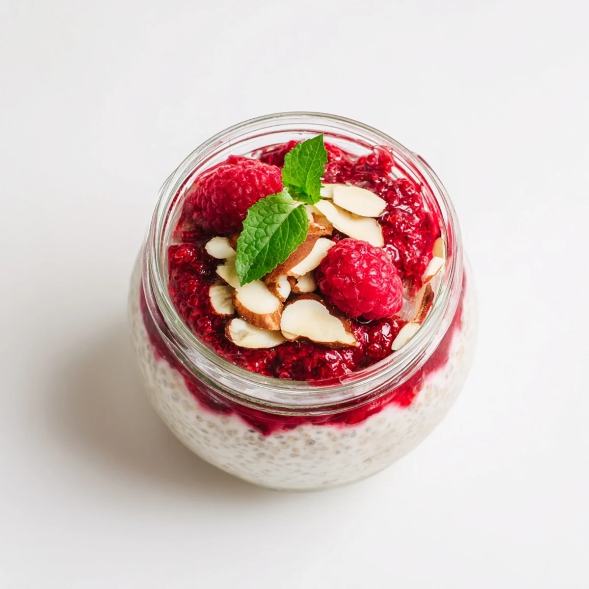 Glass jar layered with creamy raspberry chia pudding sweetened with maple syrup and topped with fresh berries