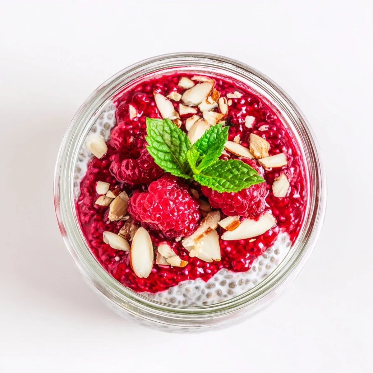 Creamy chia pudding swirled with sweet raspberry mash and garnished with fresh mint leaves