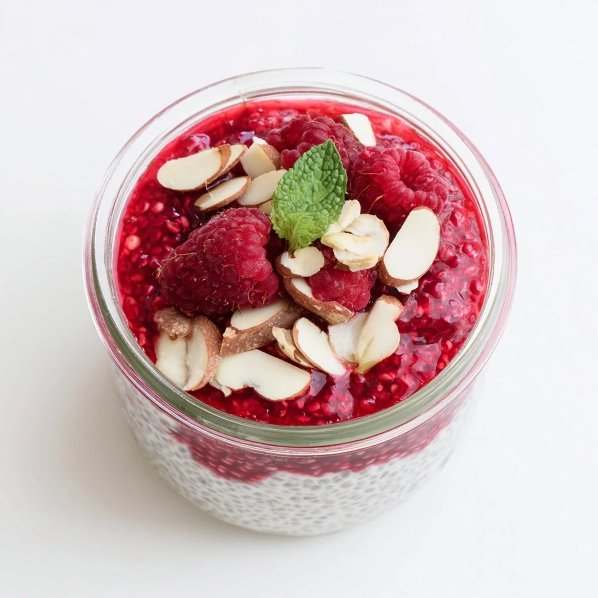Parfait of maple-sweetened chia pudding layered with tart raspberries in clear serving glasses