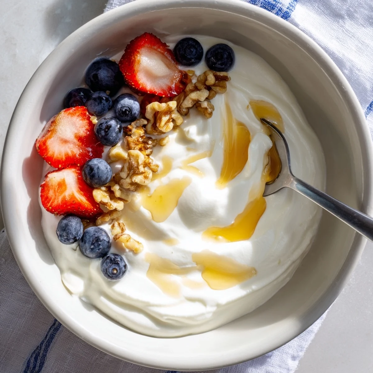 Silky smooth Greek yogurt swirled with honey in glass jar beside fresh strawberries