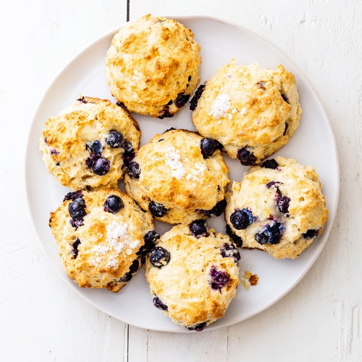 Golden blueberry biscuits fresh from the oven with sugar-crusted tops