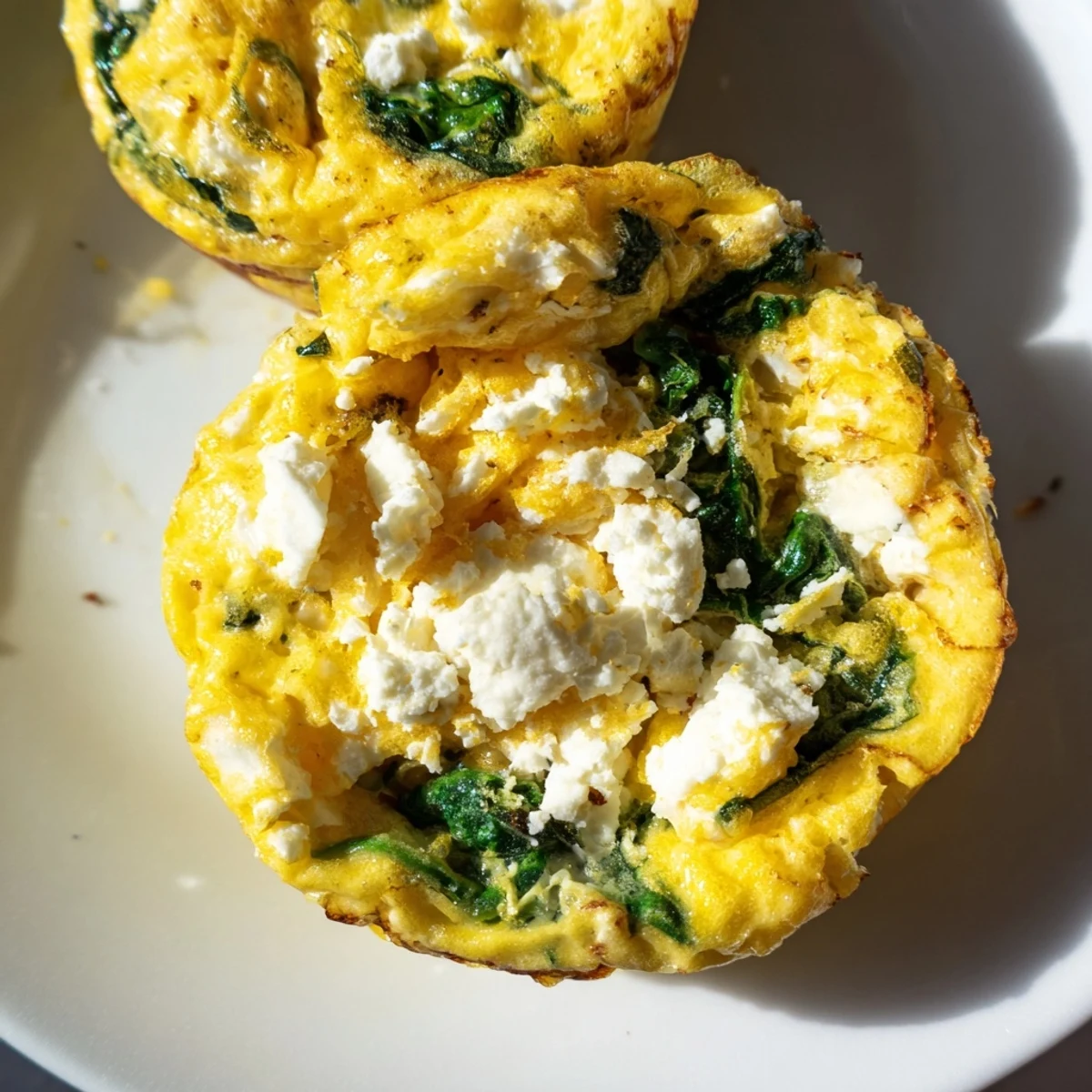 Golden baked egg muffins with spinach and feta in a muffin tin
