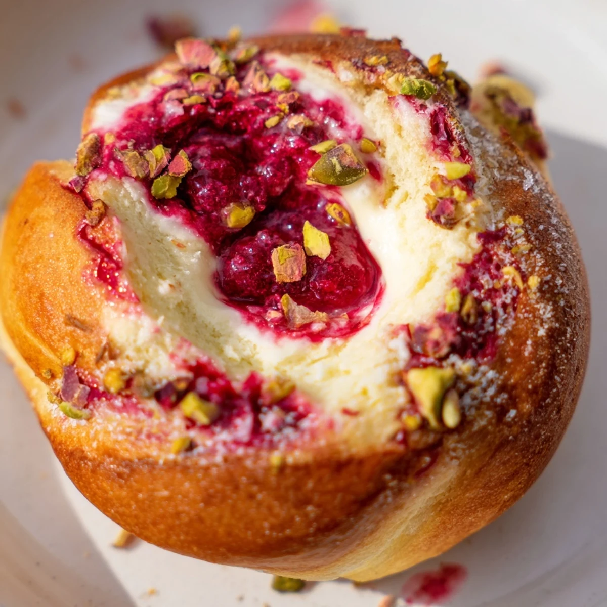 Golden raspberry and rose cheesecake buns topped with pistachios on a wooden board