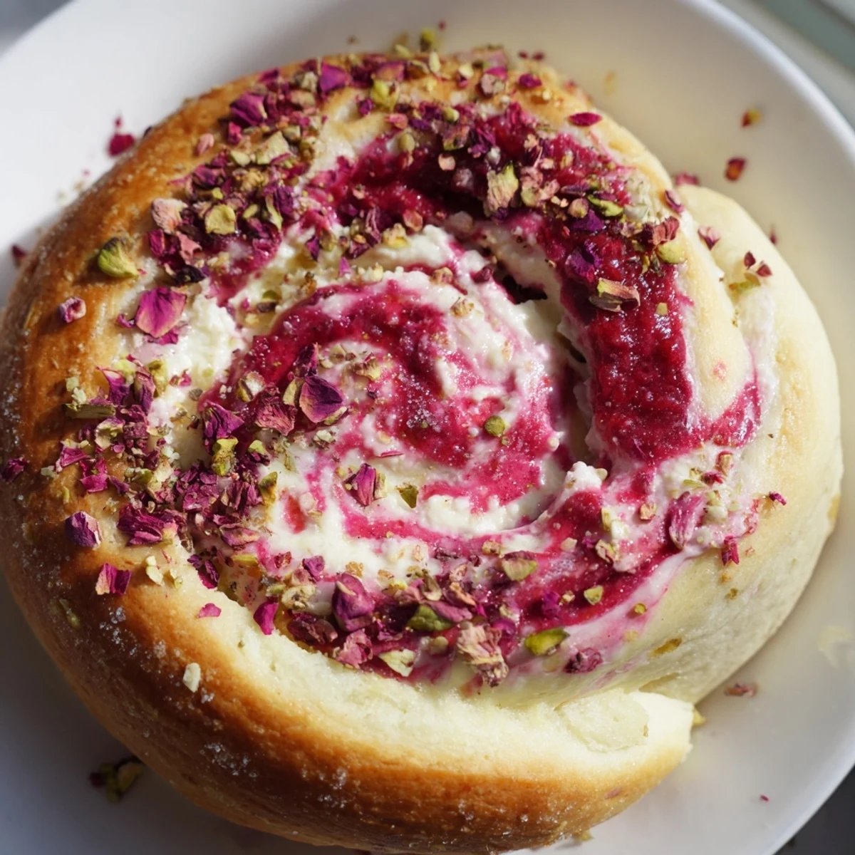 Soft homemade buns with creamy rose cheesecake center and tart raspberry swirls baked golden