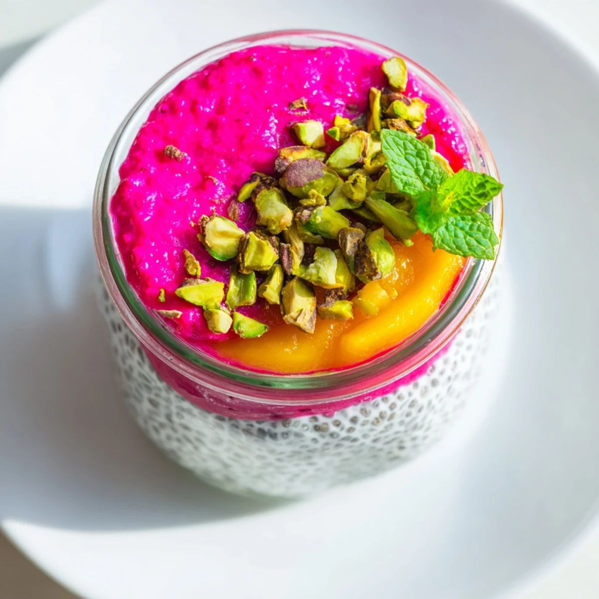 Layered glass jar displaying tropical mango and dragon fruit chia pudding with mint garnish