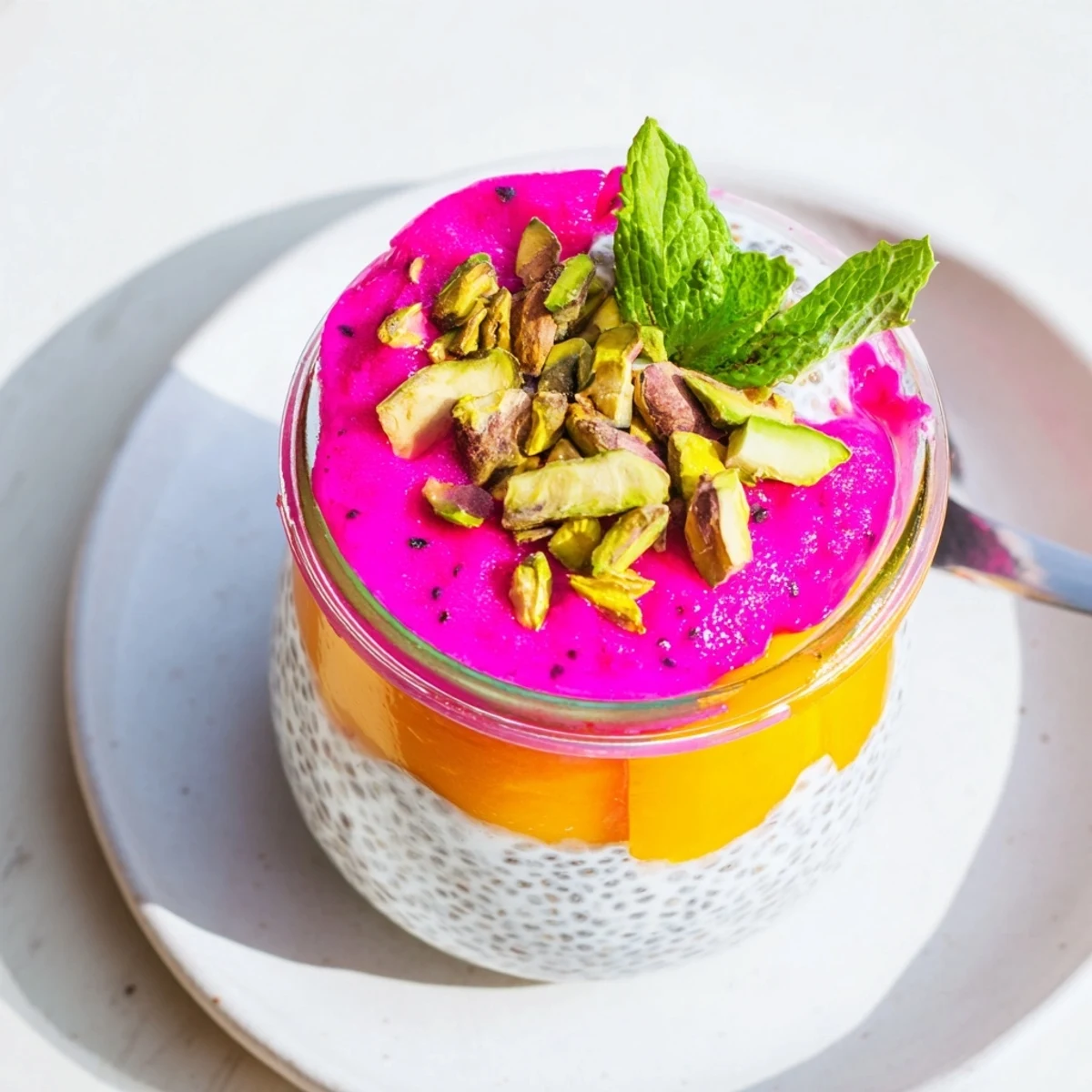 Creamy coconut chia pudding parfait topped with vibrant mango and pink dragon fruit layers