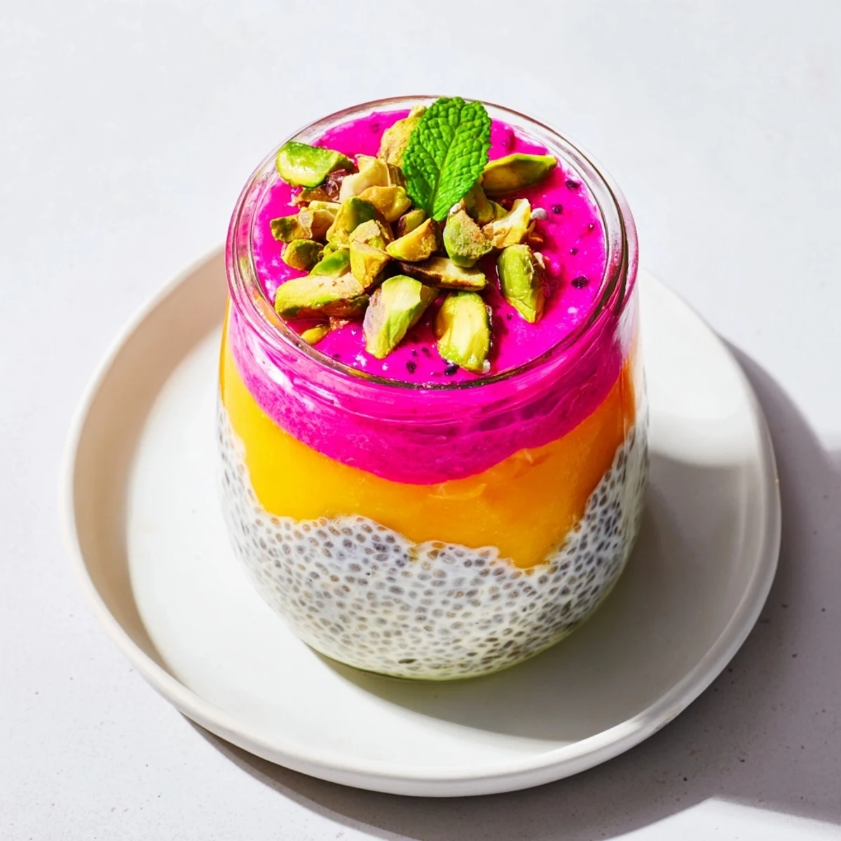 Glass serving dish of mango and dragon fruit chia pudding sprinkled with toasted coconut flakes
