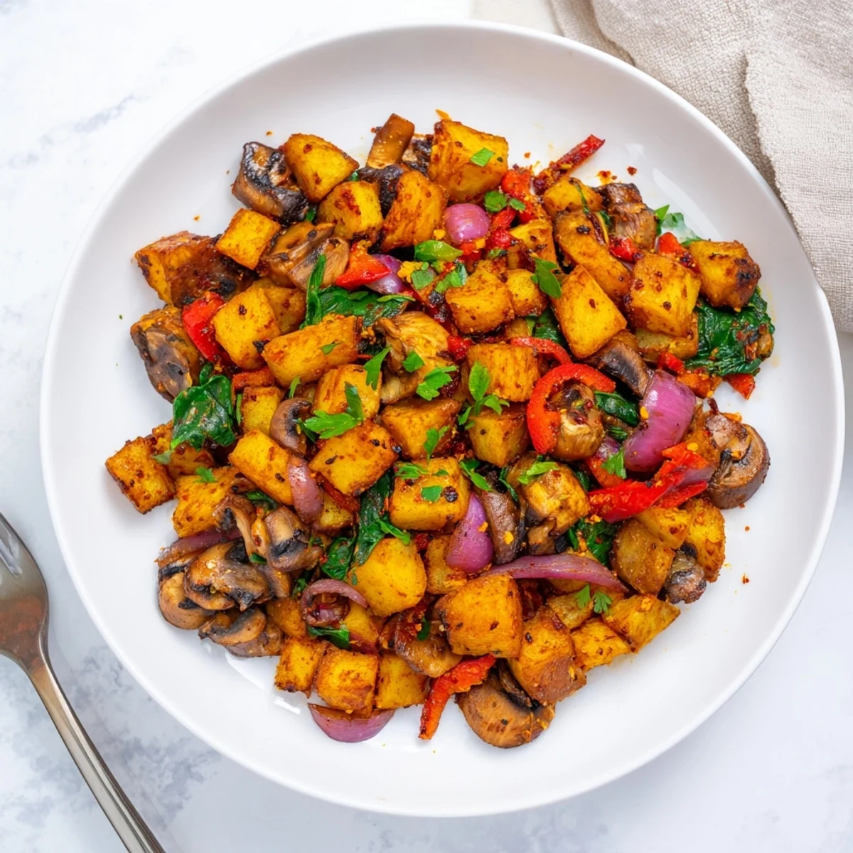 Golden crispy vegan breakfast hash with colorful peppers onions and spinach in a skillet