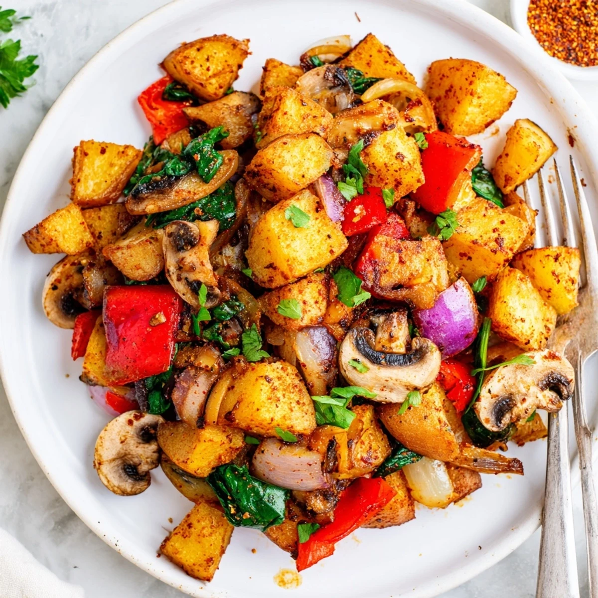 Hearty flavorful vegan breakfast hash loaded with diced potatoes and vibrant vegetables ready to serve