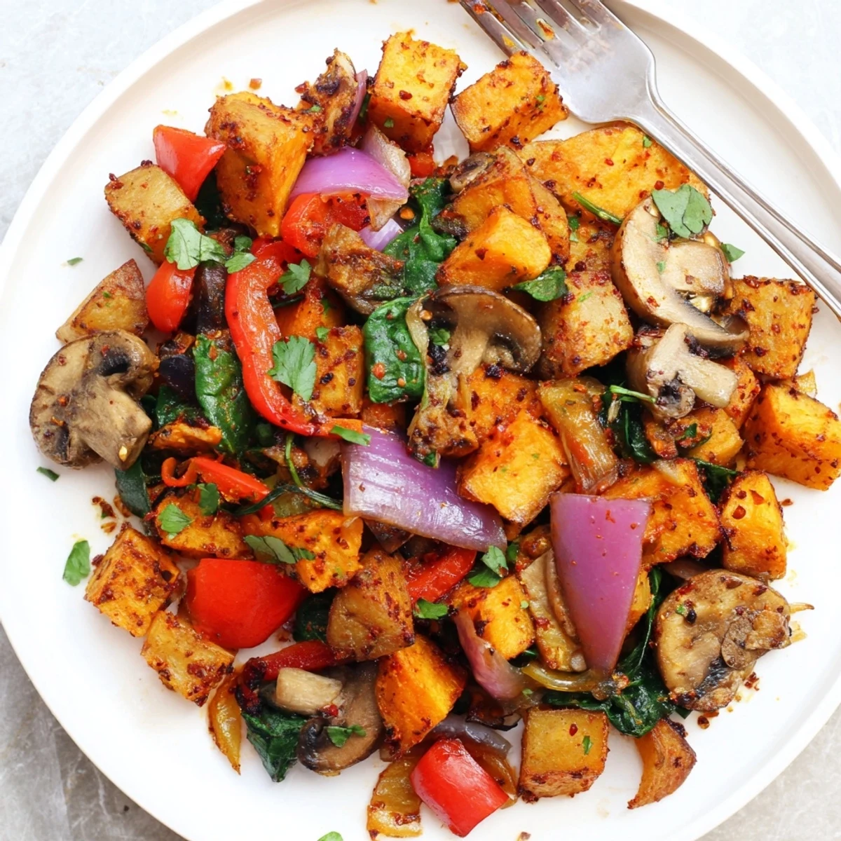 Wholesome plant-based breakfast hash featuring spiced potatoes mushrooms and fresh greens garnished with herbs