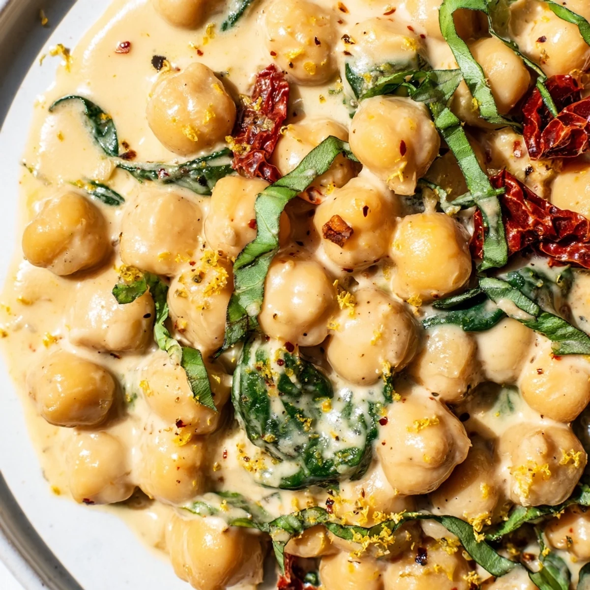 Creamy Marry Me Chickpeas with sun-dried tomatoes, spinach, and fresh basil garnish in a white bowl