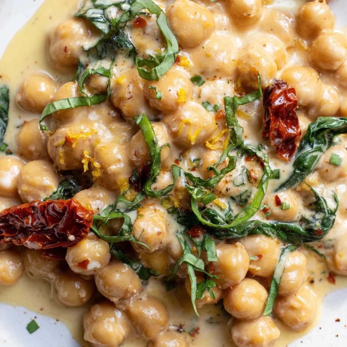 Golden chickpeas swimming in rich cream sauce with red pepper flakes and wilted spinach leaves