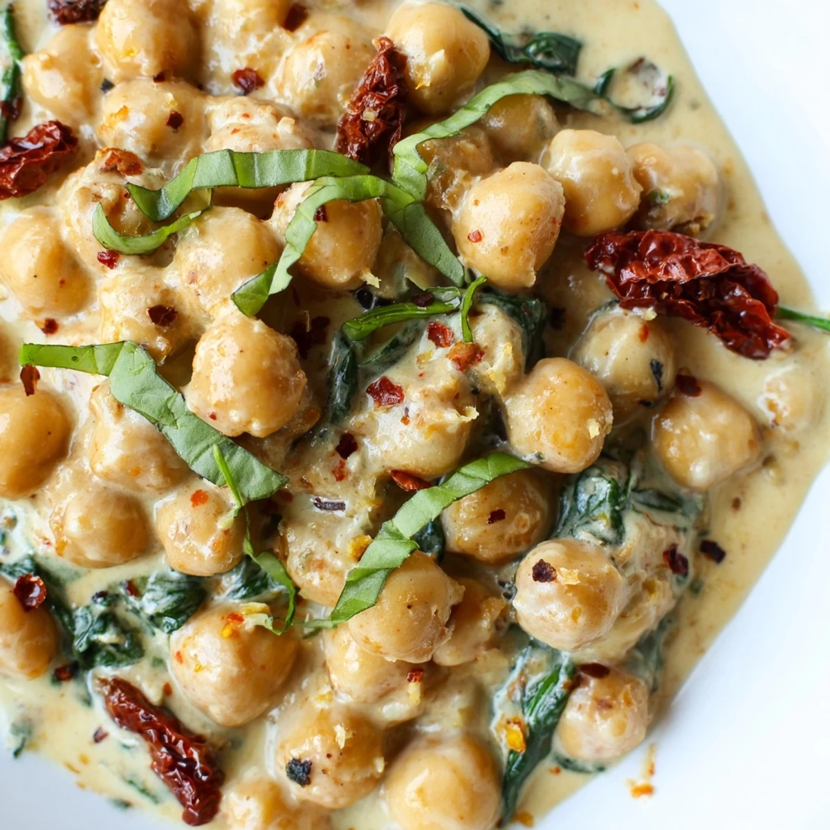 Hearty vegetarian Marry Me Chickpeas plated with crusty bread and lemon zest on a wooden board