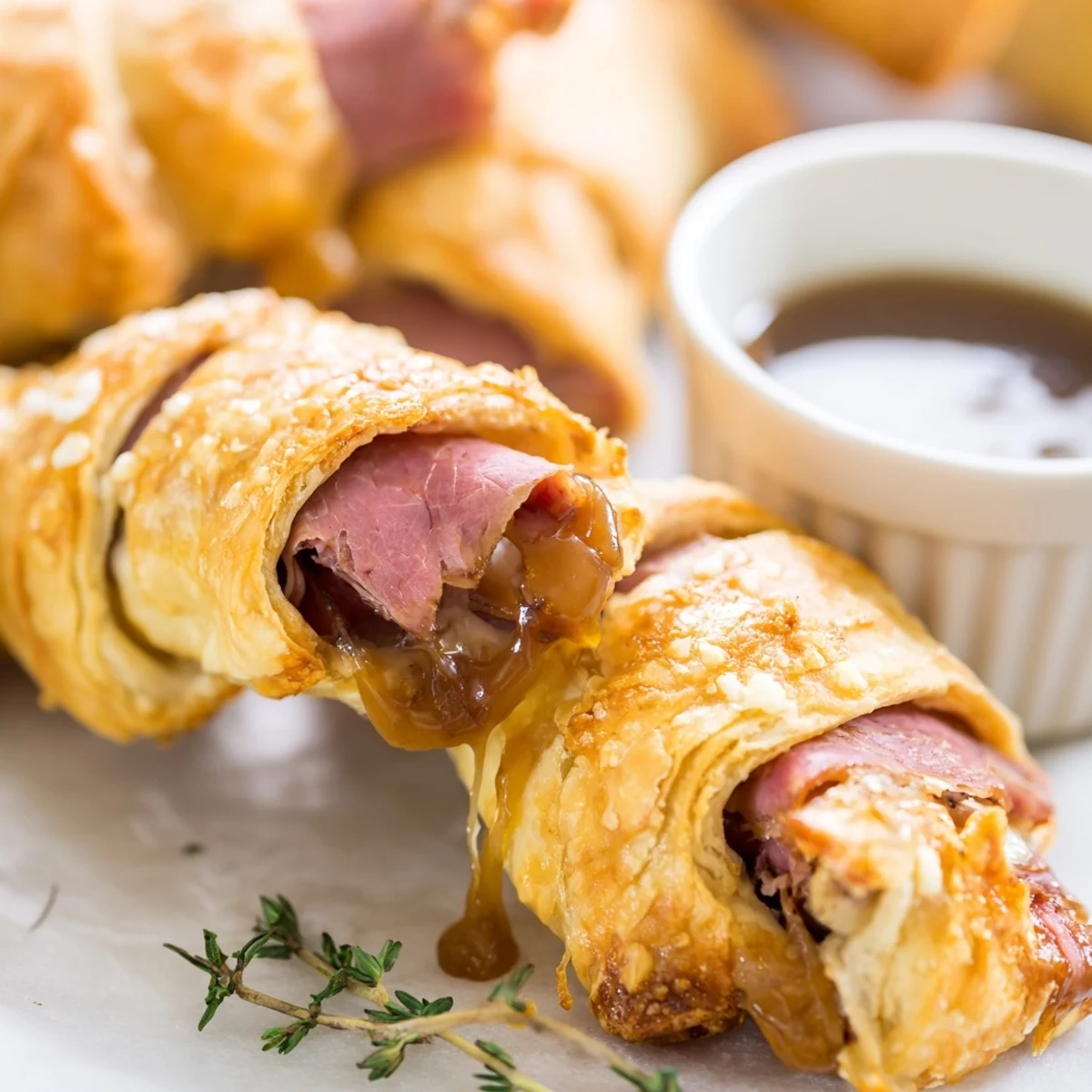 Golden Beef and Cheese French Dip Roll Ups arranged on a platter with savory dipping sauce