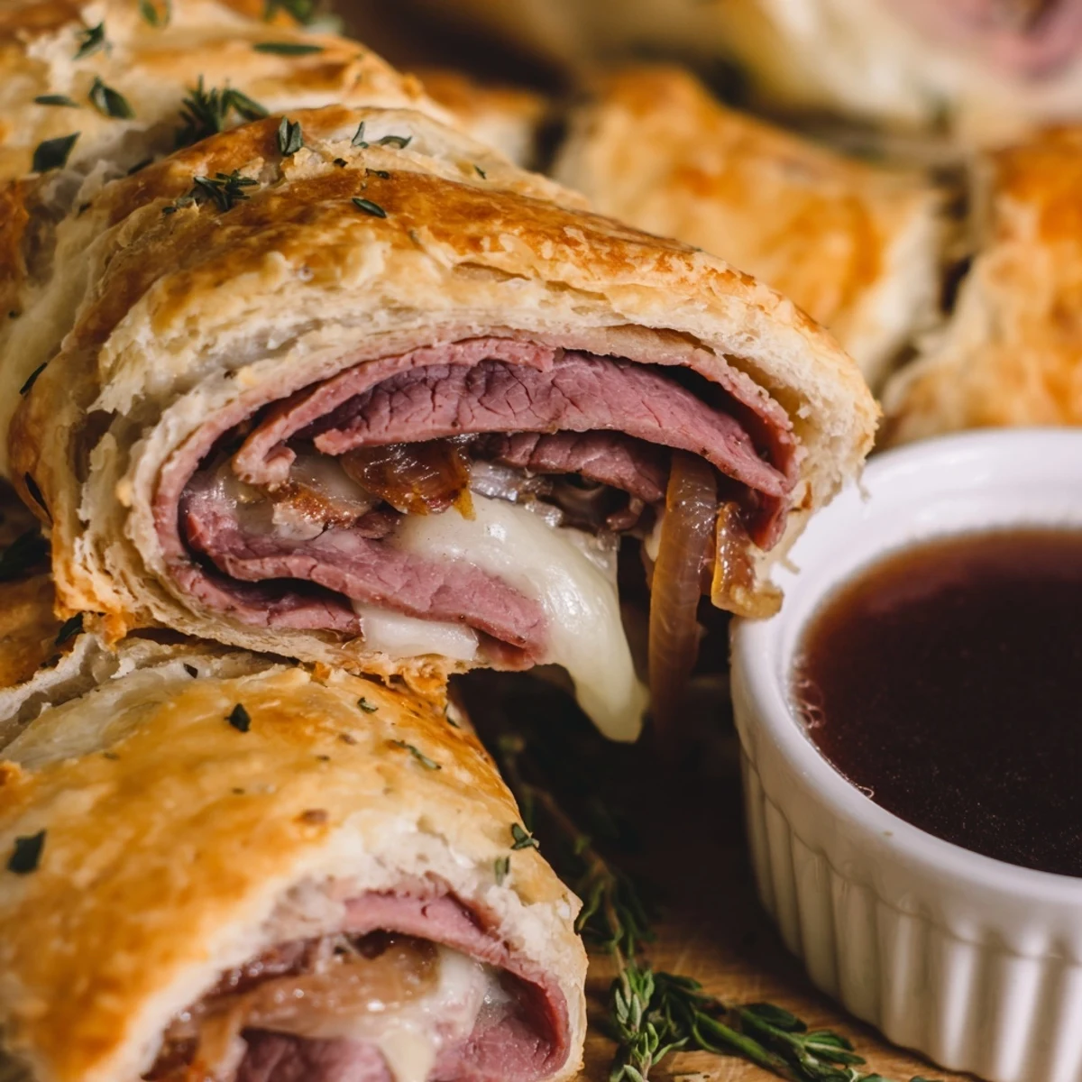 Beef and Cheese French Dip Roll Ups with melted provolone and tender roast beef inside