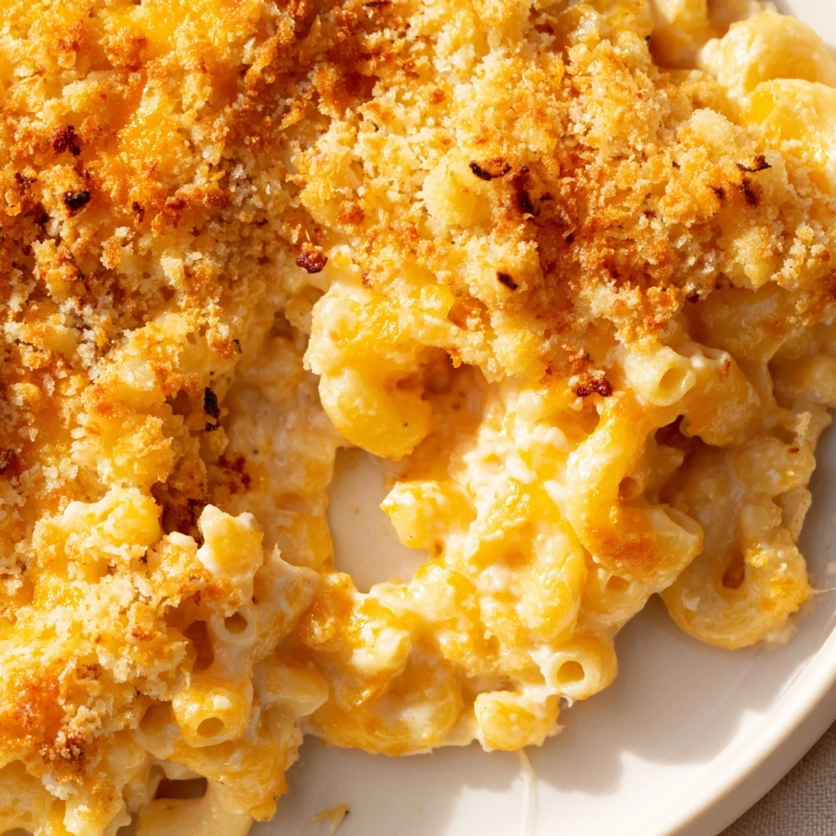 Golden baked three cheese macaroni with crispy panko topping served steaming from casserole dish