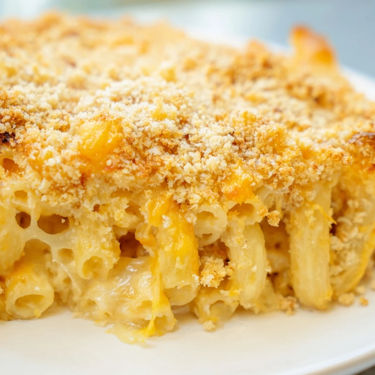 Creamy three cheese baked macaroni bubbling under buttery breadcrumb crust on white plate