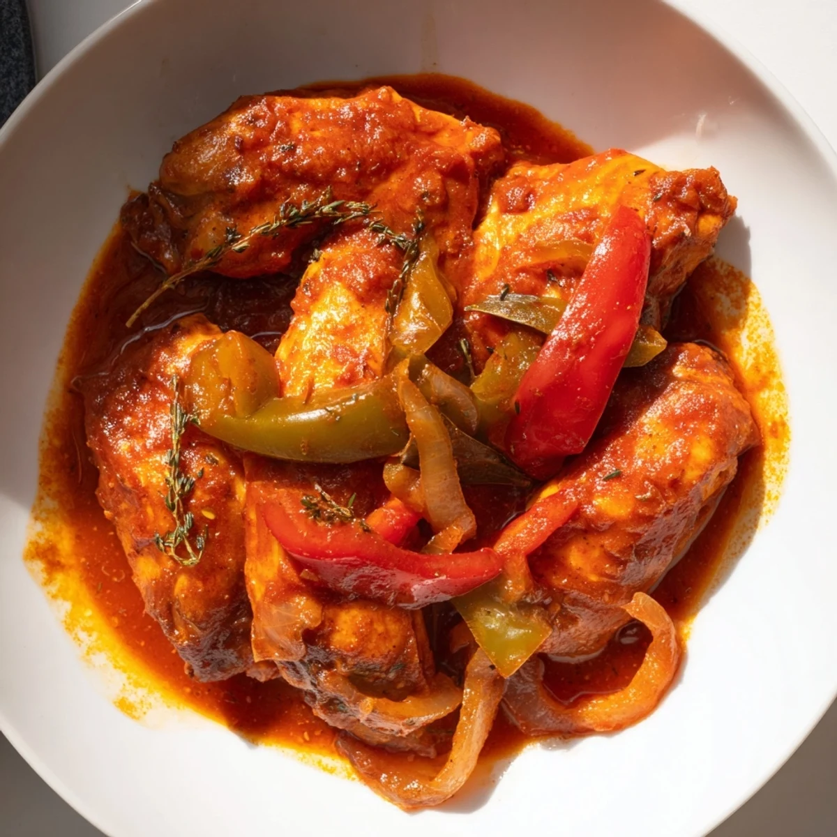 Tender Senegalese chicken simmered in rich tomato sauce with colorful bell peppers and aromatic spices