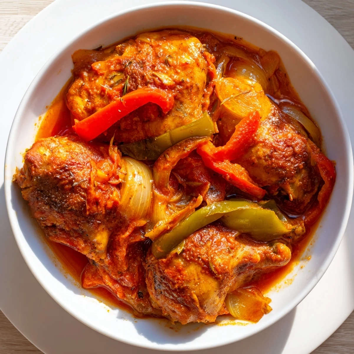 Golden brown Senegalese chicken pieces nestled in thick, savory onion and tomato stew