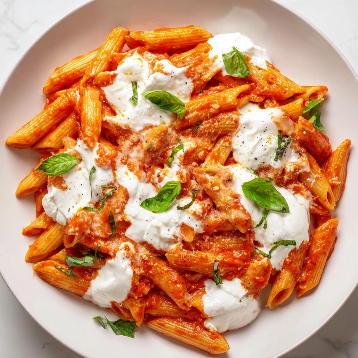 Creamy tomato garlic ricotta penne topped with fresh basil and Parmesan cheese