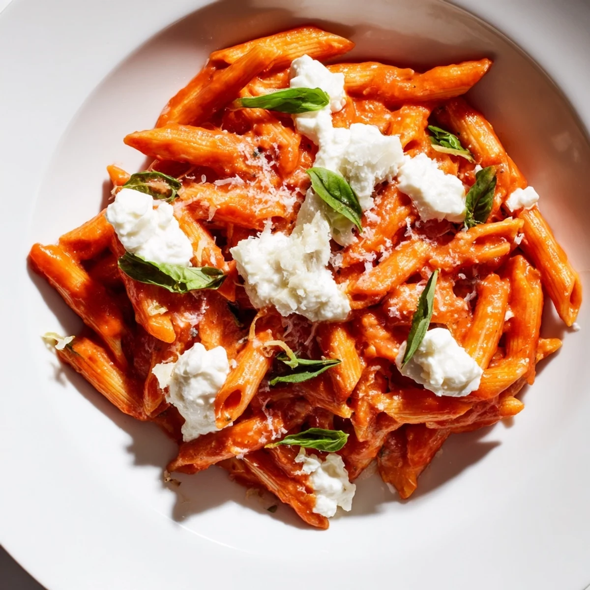 Tender penne pasta coated in rich tomato sauce with dollops of ricotta