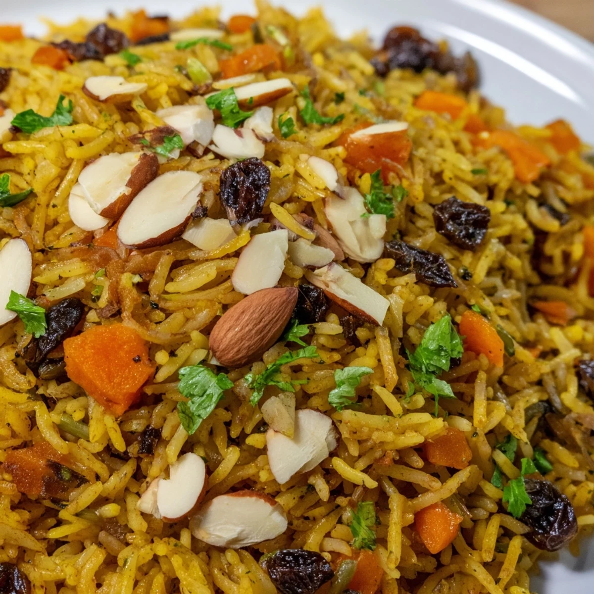 Golden Afghan rice topped with caramelized carrots, plump raisins, and toasted almonds in a colorful presentation