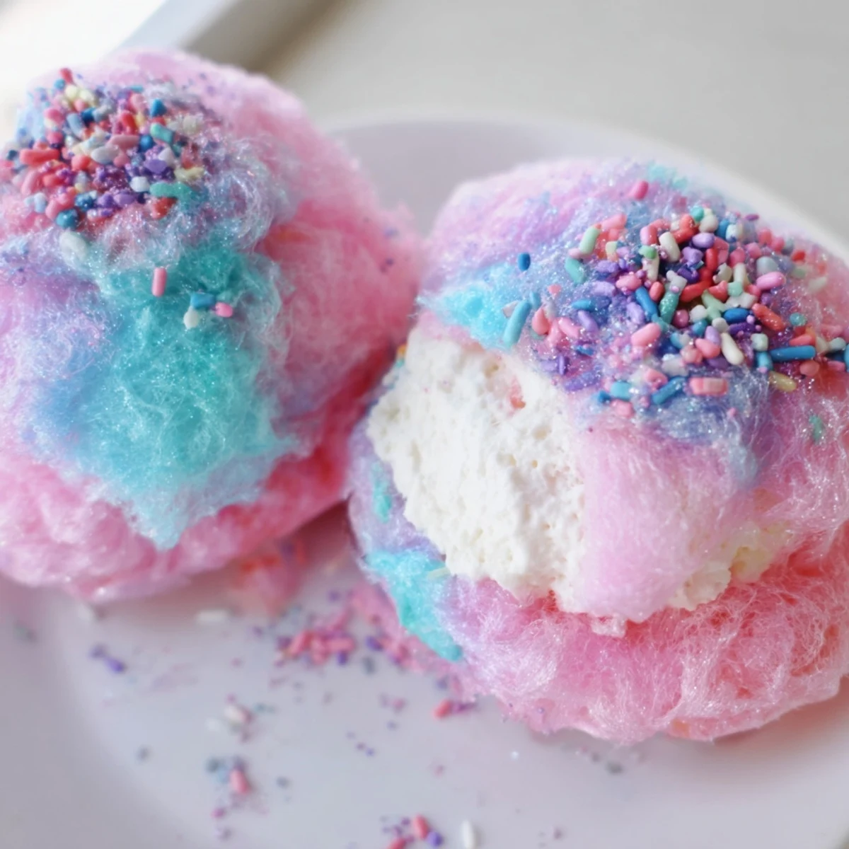 Mini Cotton Candy Cheesecake Puff Balls with fluffy pink spun sugar coating and creamy centers on a white plate